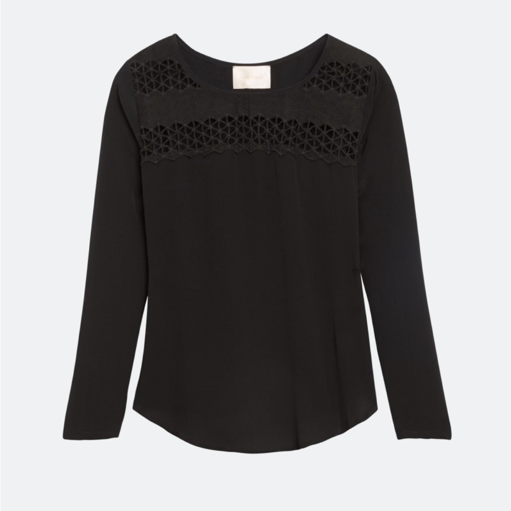 Skies‎ are Blue | Lace Yoke Long Sleeve Blouse | Black | Petite Medium (MP)